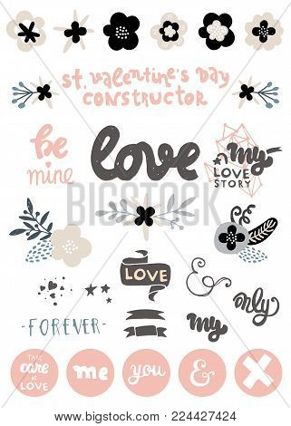 Set elegance trendy hand sketched wedding elements set. Collection floral doodles, branches, flowers, lettering, banners and frames. Ideal for Save the Date cards, Wedding invitations, St. valentine and babyshower cards. On white background.