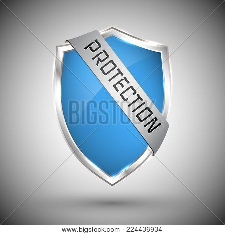 Protection shield concept with banner. Safety badge icon. Privacy banner. Security label. Defense tag. Presentation sticker shape. Defense sign. Vector illustration.