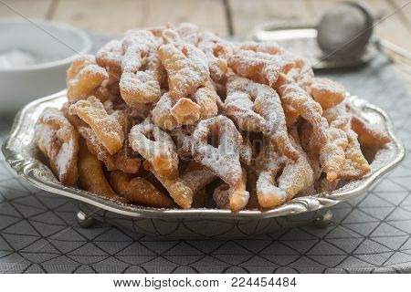 Angel Wings Biscuits, A Traditional European Sweet Dish For Carnival. Rustic Style.