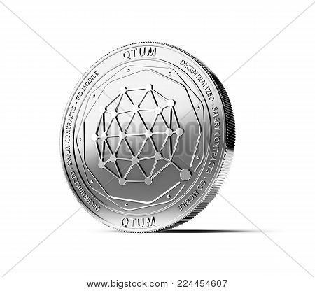 Silver QTUM coin isolated on white background. Concept coin. 3D rendering