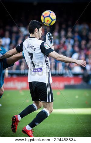 VALENCIA, SPAIN - JANUARY 27: Guedes during Spanish La Liga match between Valencia CF and Real Madrid at Mestalla Stadium on January 27, 2018 in Valencia, Spain