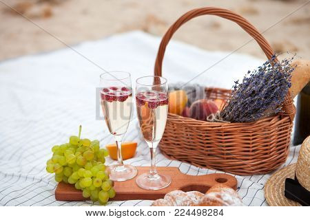 Picnic On The Beach At Sunset In The White Plaid, Food And Drink Conception