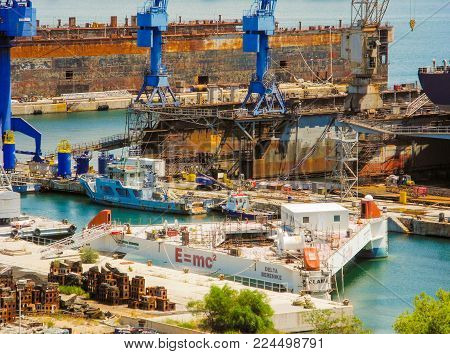Diodia, Greece - July 17, 2017: Elefsis Shipbuilding & Industrial Enterprises S.A.