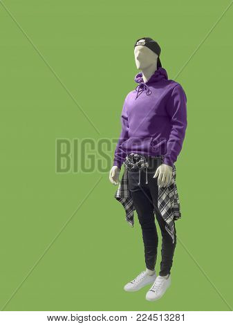 Full-length man mannequin dressed in lightweight hoodie with kanga pocket, isolated. No brand names or copyright objects.