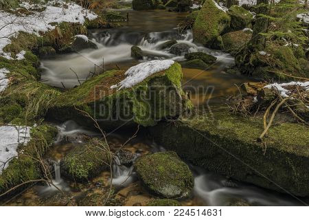 Mensi Vltavice River In Snow Winter Cold Day Near Vyssi Brod Town