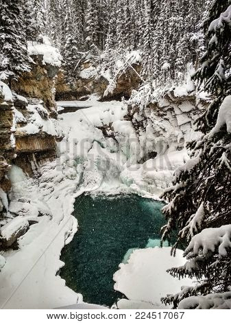 Icy Sunwapta Falls in Winter surrounded my snowy trees