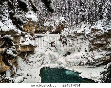 Icy Sunwapta Falls in Winter surrounded my snowy trees