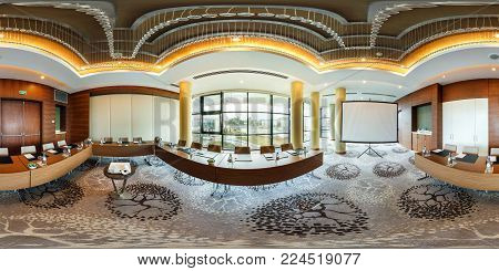 Minsk, Belarus - July 27, 2017: 360 Panorama View In Interior Of Modern Empty Conference Hall For Bu