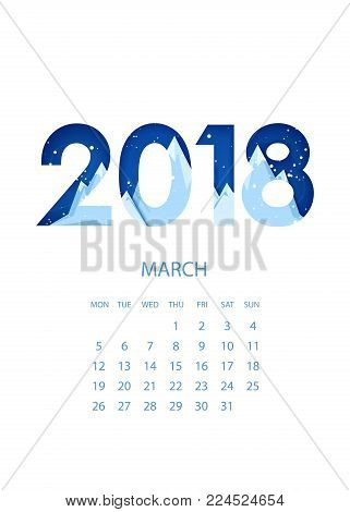 DesignTemplate Calendar march 2018.  Print Template Calendar with paper cut style