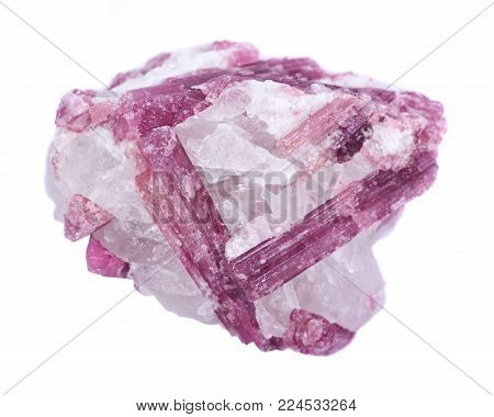 Rough white quartz studded with pink tourmaline crystals, from Brazil isolated on white background