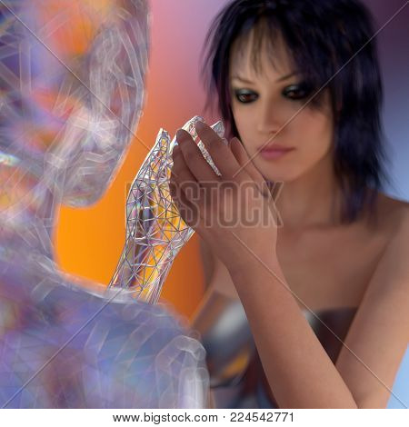woman gets to know a robot, 3d illustration