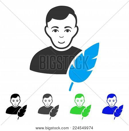 Gladness Feather Writer vector pictograph. Vector illustration style is a flat iconic feather writer symbol with gray, black, blue, green color variants. Person face has positive feeling.