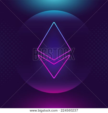 Ethereum ETH vector outline icon. Cryptocurrency, e-currency, payment, crypto currency, blockchain button. Bright logo, flat adaptation design for web site, mobile app, EPS. Ultra violet background