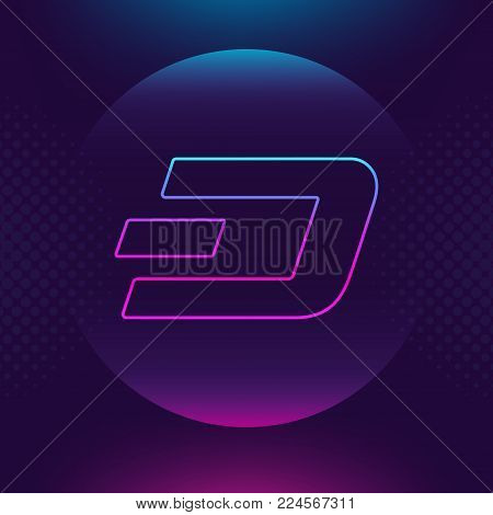Dash vector outline icon. Cryptocurrency, e-currency, payment crypto currency, blockchain button. Trendy Bright lighting logo adaptation design web site mobile app, EPS. Ultra violet background