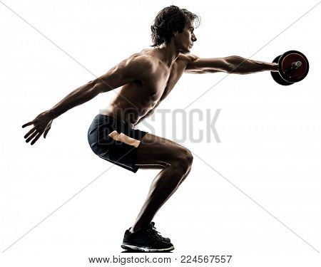one caucasian man fitness weitghs training exercises  studio in silhouette isolated on white background