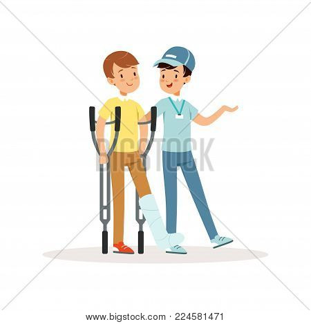 Cheerful volunteer helping boy with crutches. Leg in plaster. Social help. Activist in blue cap, t-shirt and jeans. Cartoon teenagers character. Colorful flat vector illustration isolated on white.