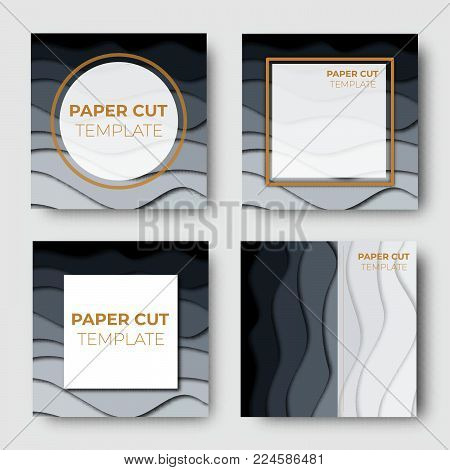 Set of paper cut banner designs. Collection of square templates for social media posts, presentations, flyers, invitations. Vector illustration.