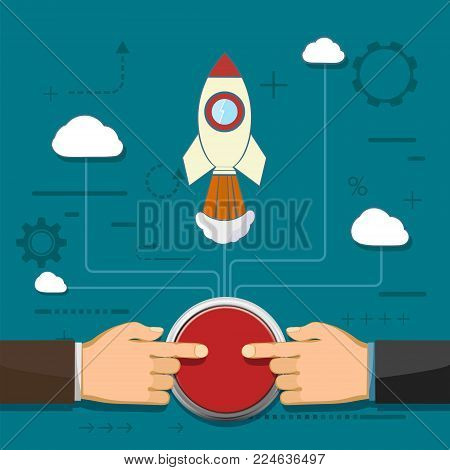 Rocket is flying in the clouds. Partnership and cooperation. Creative and success in a business startup. Two businessmen push the button. Stock vector illustration.