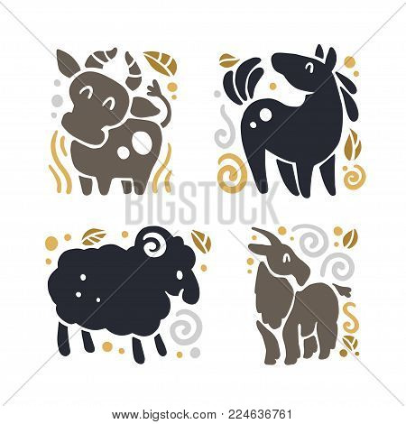 Vector flat cute funny hand drawn animal silhouette isolated on white background - cow, horse, sheep and goat. Perfect for children goods store logo insignia, kid clothes and accessory prints, zoo