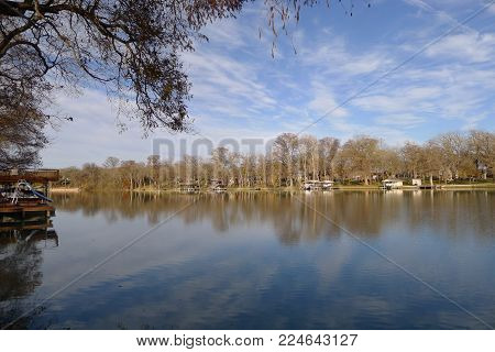 A quiet Guadalupe River in December in Seguin, TX