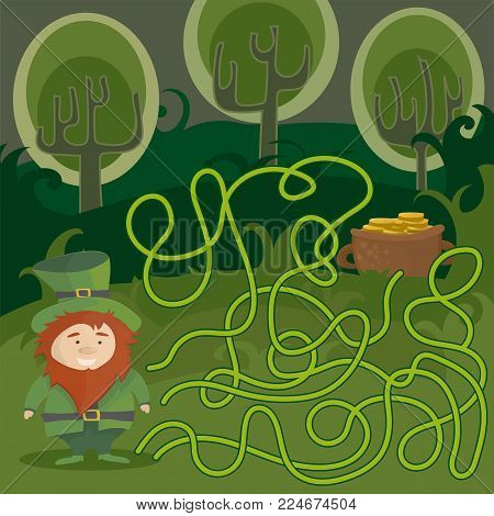 Maze game for kids with gnome and pot of gold. Help red Leprechaun to find his way to the pot of gold. Vector cartoon template page with game.