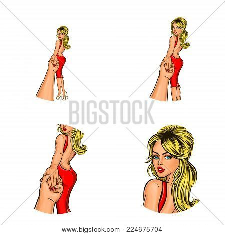 Vector pop art avatars for social network chat user profile or blog account picture icon templates. Young blonde woman girl in red sexy open back dress reach out and hold man hand. Retro sketch set