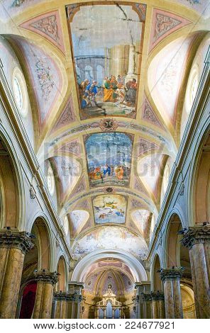 Galatina, Italy - August 29, 2006: The painyings in the ceiling of the church of Saints Peter and Paul