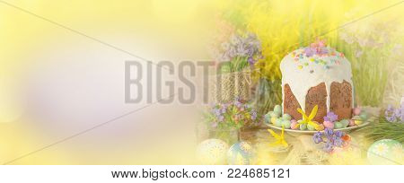Easter Banner With Easter Eggs And Easter Cake