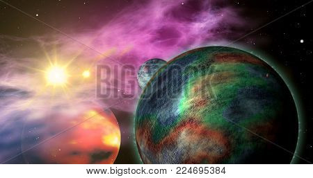 Exoplanets in a distant solar system with nebula clouds in the background. Abstract concept of space planets exploration.