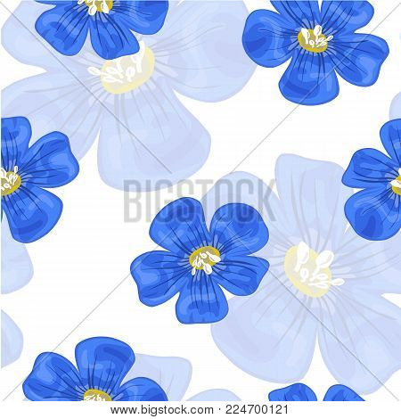 Flax blue flowers. vivid and transparent. Seamless pattern. Vector illustration. Design for herbal tea, health care products, textile, cosmetics, perfumery, essential oil, background wrapping prints