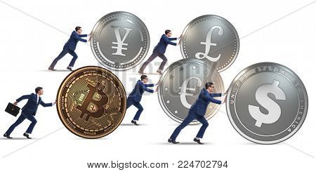 Businessman pushing bitcoin in cryptocurrency concept