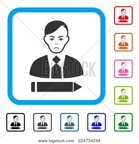 Dolor Clerk vector icon. Person face has sorrow feeling. Black, gray, green, blue, red, orange color variants of clerk symbol inside a rounded squared frame.