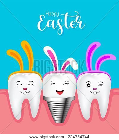 Cute tooth characters with rabbit ears decoration and implant. Happy Easter concept. illustration isolated on blue background.