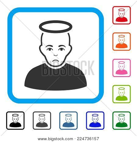 Unhappy Holy Man vector icon. Person face has dolour mood. Black, gray, green, blue, red, pink color variants of holy man symbol in a rounded square.