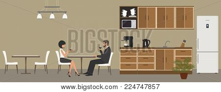 Office kitchen. Dining room in the office. Employees drink coffee at the table. Coffee break. There are kitchen cabinets, a fridge, a microwave, a kettle and a coffee machine in the image. Vector