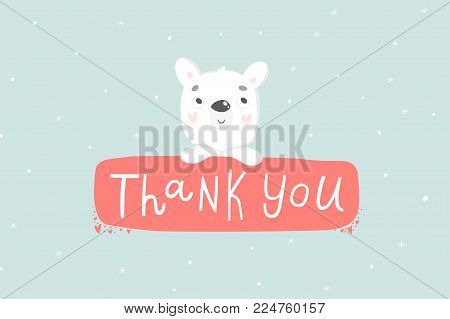 Hand drawn postcard with cute polar bear. Thank you poster in cozy cartoon style. Vector illustration