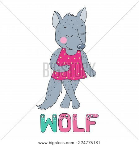 A cute wolf dressed in pink. The letter W and the word wolf from the funny children's alphabet with the eyes. Vector illustration on the white background in cartoon style.