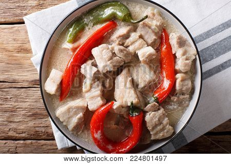 Bicol Express With Red And Green Chili Close-up In A Bowl. Horizontal Top View