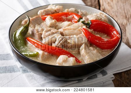 Bicol Express With Red And Green Chili Close-up In A Bowl. Horizontal Top View