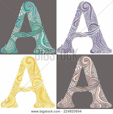 Hand drawn capital letter A in turquoise, purple, yellow and pink