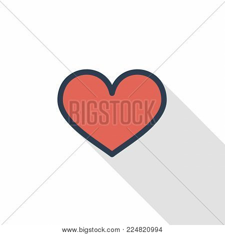 red heart shape thin line flat color icon. Linear vector illustration. Pictogram isolated on white background. Colorful long shadow design.