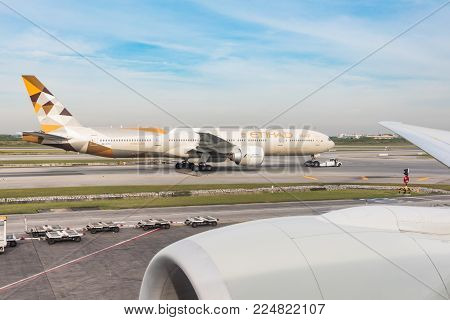 Etihad Boeing 777 On Taxiway At Bangkok Airport