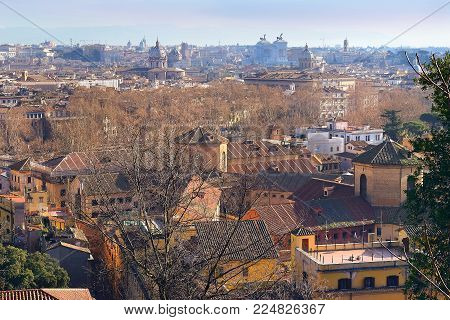 view of the historical center of Rome from the height of the Janiculum Hill, is one of the best locations in Rome for a scenic view of Rome with its domes and bell towers, Italy