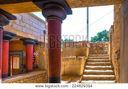 Heraklion, Greece - January 28, 2017: Copies Of Fresco In A Hall At The Palace Of Knossos, Famous An