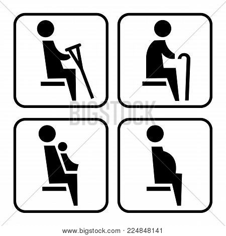 Pictogram icons set: disability, elderly, pregnant and woman with baby. Priority seating signs in transport. Vector illustration