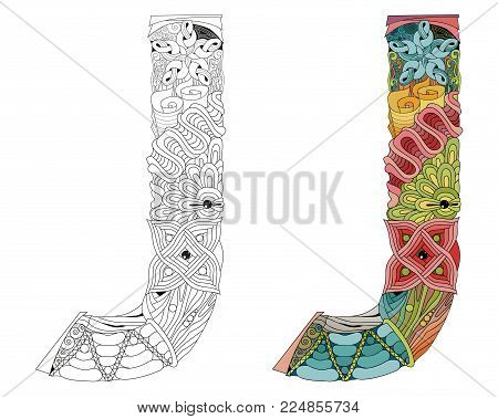 Hand-painted art design. Letter J zentangle objects. Colored and outline set