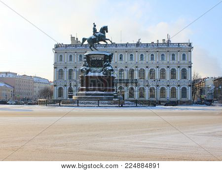 Monument to Nicholas I in St. Petersburg, Russia. Bronze Equestrian  Sculpture to Russian Ruler Nicholas I on St. Isaac's Square Winter Scene. Saint-Petersburg City Architectural Landmark Street View.