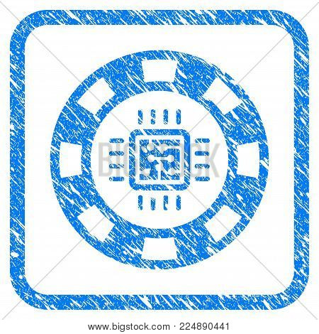 Cpu Casino Chip grainy textured icon inside rounded square for overlay watermark stamps. Flat symbol with unclean texture. Framed vector blue rubber seal stamp with grunge design of cpu casino chip.