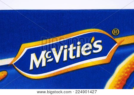 London, Uk - December 18th 2017: A Close-up Of The Mcvities Logo On A Packet Of Jaffa Cakes, On 18th