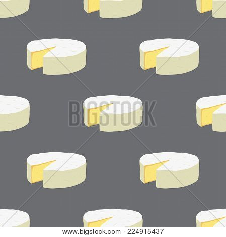 Vector camembert cheese seamless pattern. Slice, chunk in cartoon flat style. Farm market product for label, poster, icon, packaging. Dairy product